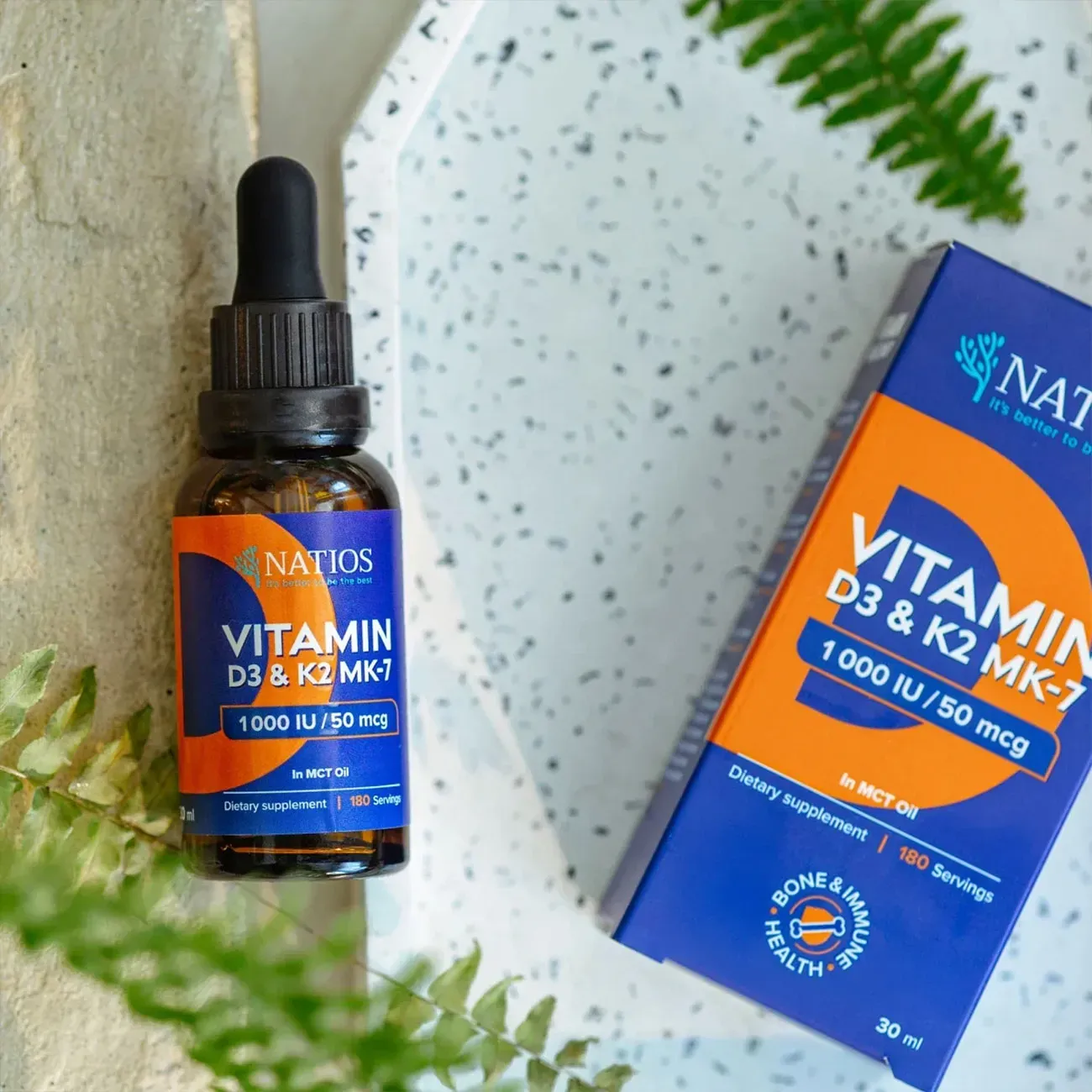 NATIOS Vegan Vitamin D3 & K2 (MK-7), 1000 IU & 50 mcg, Kapky v MCT oleji, 30 ml lahvička s krabičkou
