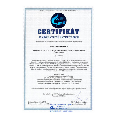 Moringa 60 kapslí - certifikát